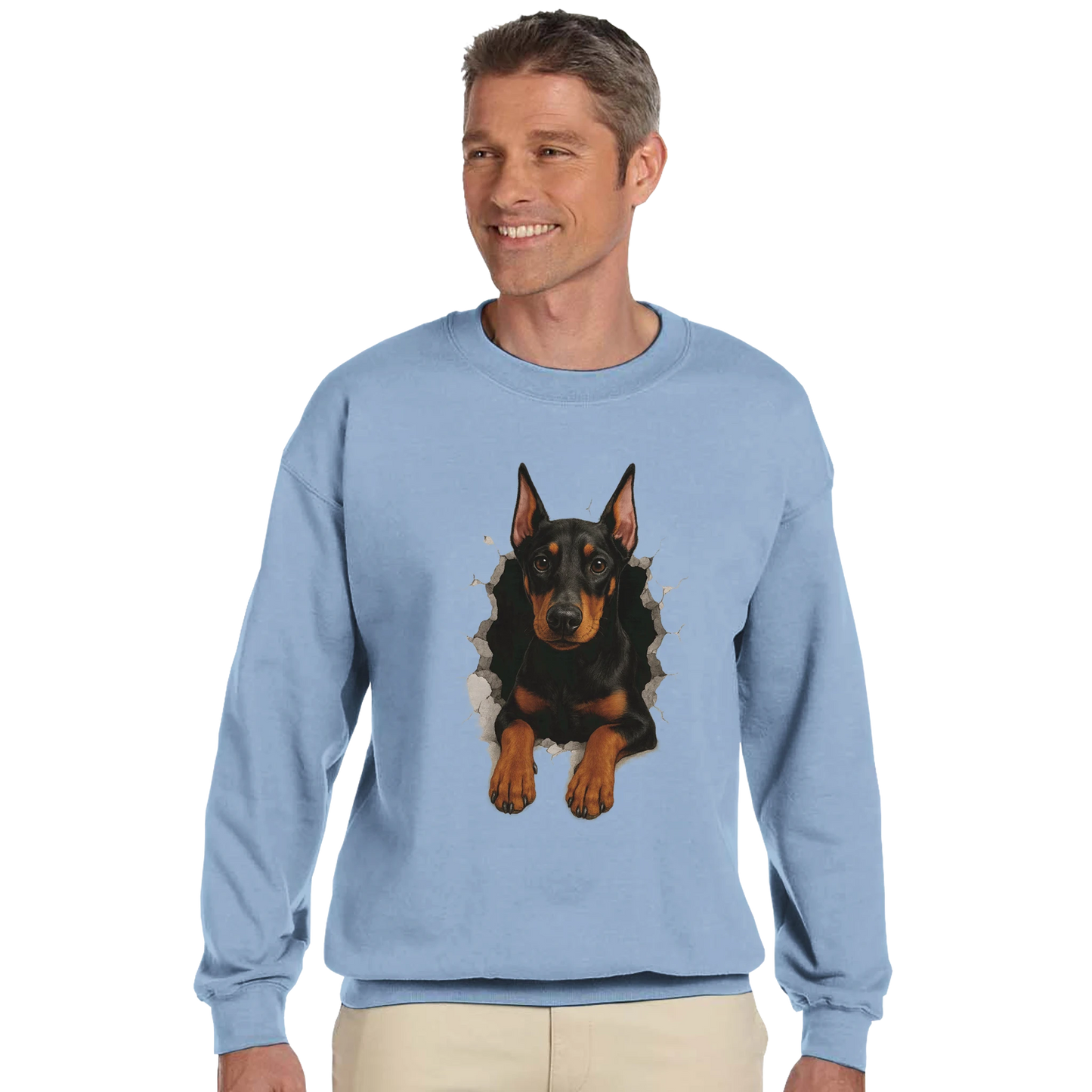Sweat-shirt adulte unisexe classique ras du cou bleu Dobermann trou mur