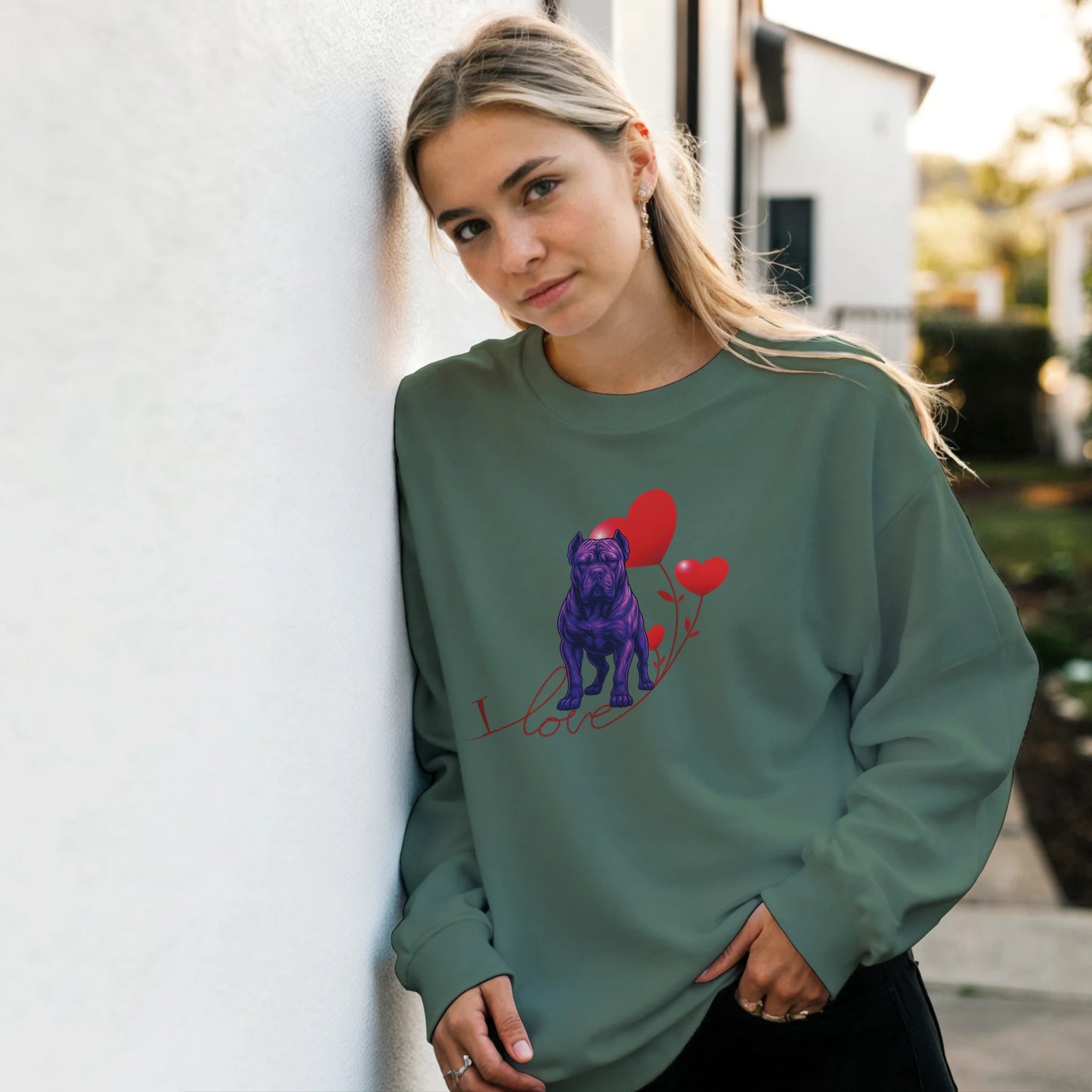 weat-shirt adulte unisexe classique ras du cou vert I love Cane Corso