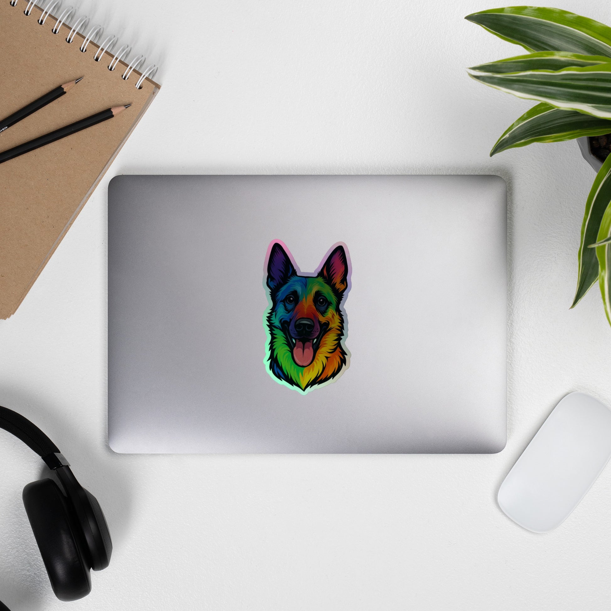 Autocollant holographique Tête Malinois arc en ciel
