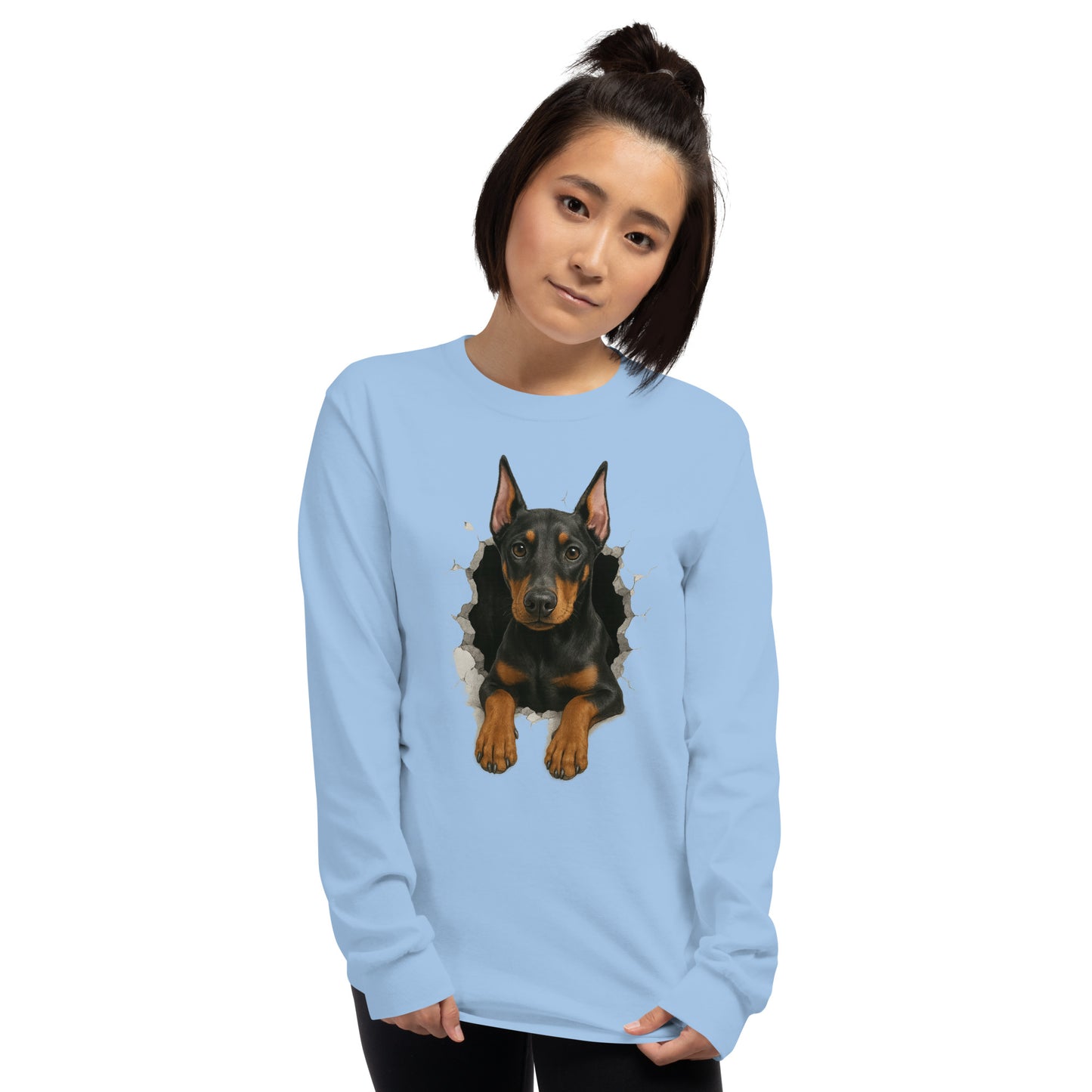 T-shirt adulte unisexe à manches longues bleu Dobermann trou mur