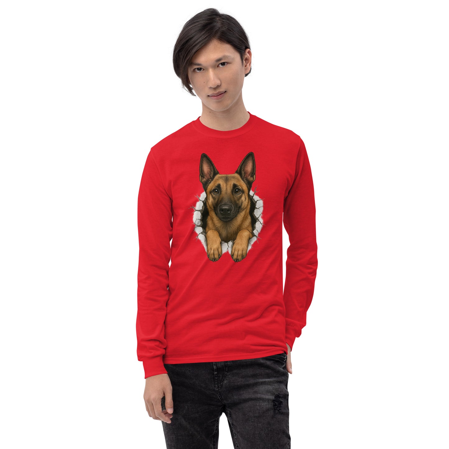 T-shirt à manches longues unisexe rouge adulte Malinois trou mur