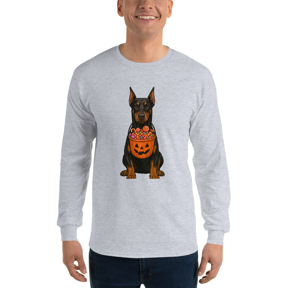 T-shirt adulte à manches longues gris Dobermann halloween2