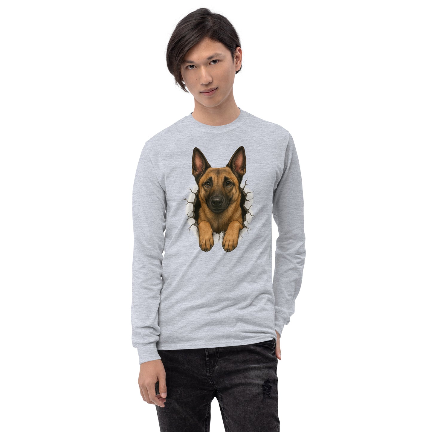 T-shirt à manches longues unisexe gris adulte Malinois trou mur