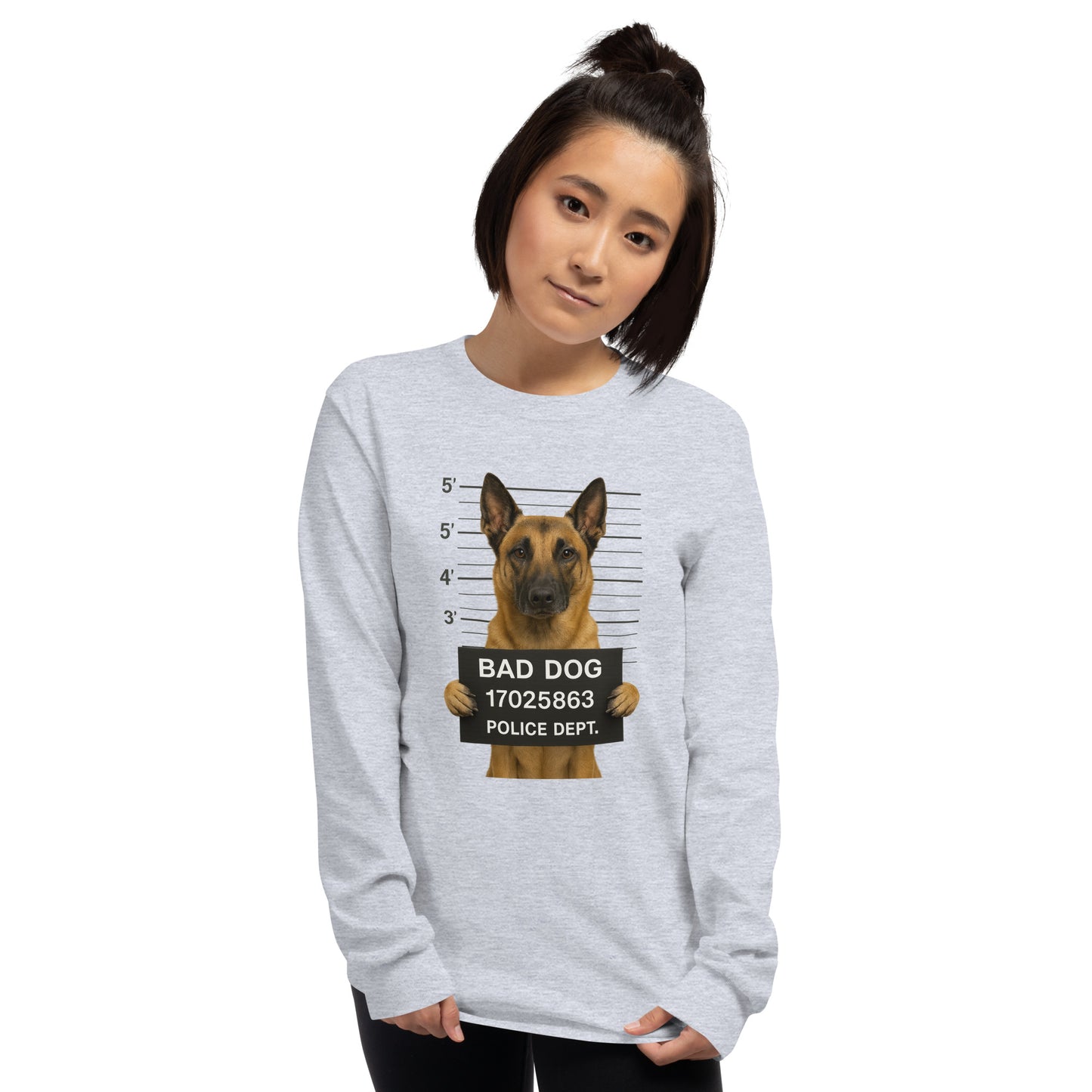 T-shirt adulte unisexe à manches longues gris Bad Dog Malinois 