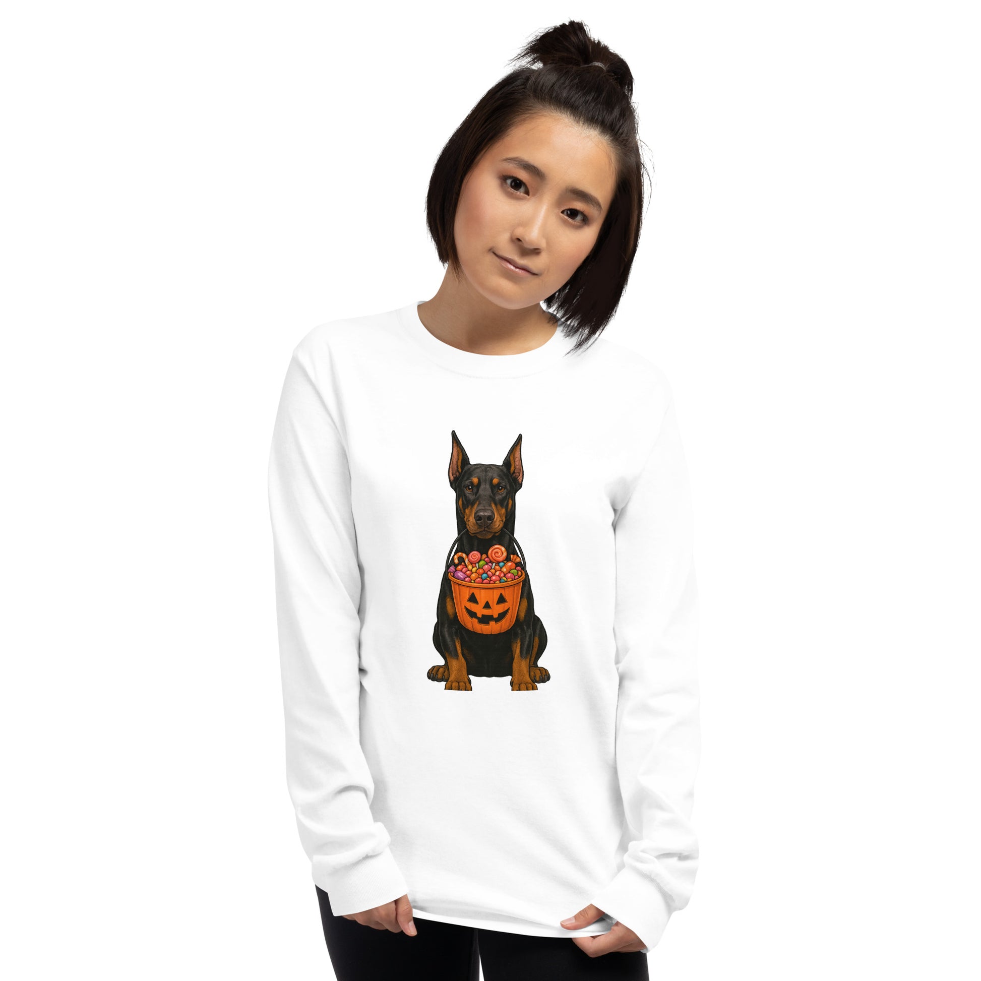 T-shirt adulte à manches longues blanc Dobermann halloween2