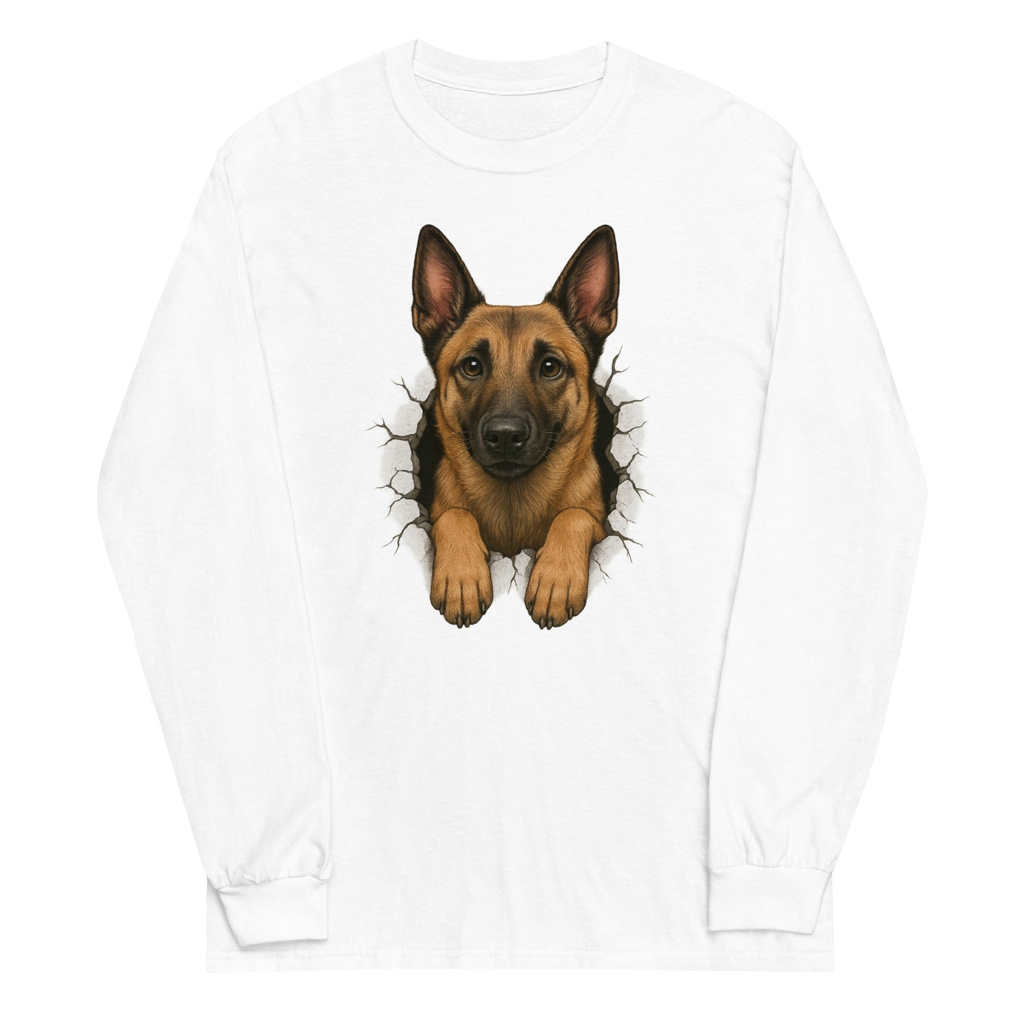T-shirt à manches longues unisexe blanc adulte Malinois trou mur