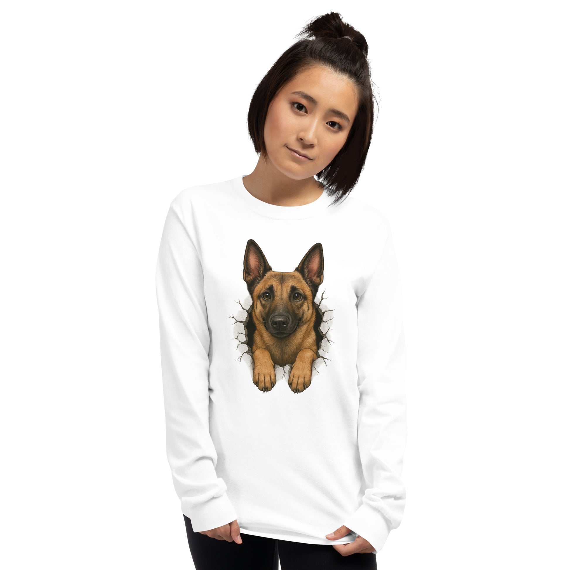 T-shirt à manches longues unisexe blanc adulte Malinois trou mur