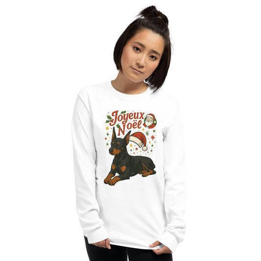 T-shirt à manches longues unisexe blanc Noel Dobermann