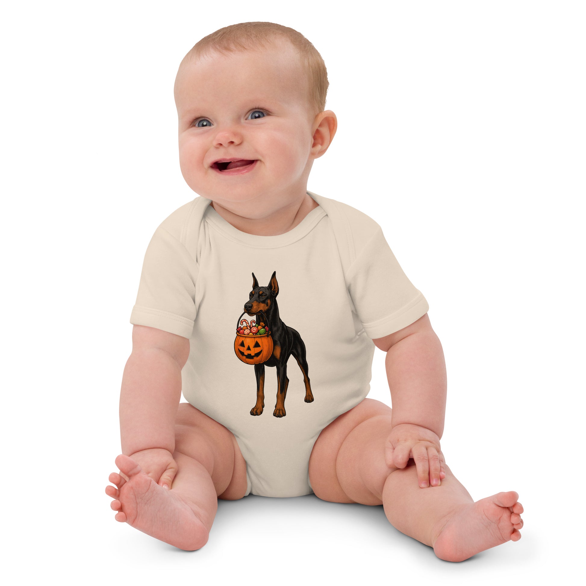 Body bébé en coton bio manches courtes beige Dobermann halloween