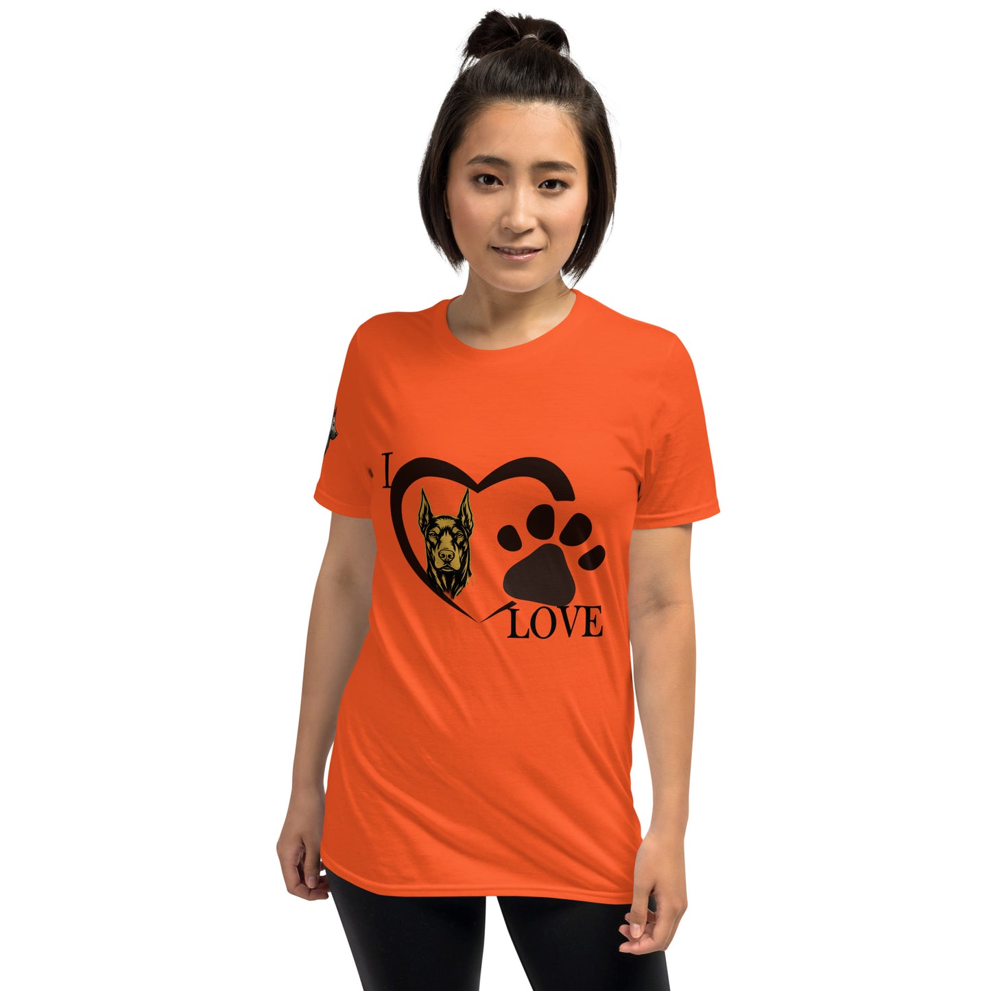 T-shirt adulte Unisexe à Manches Courtes orange I love Dobermann
