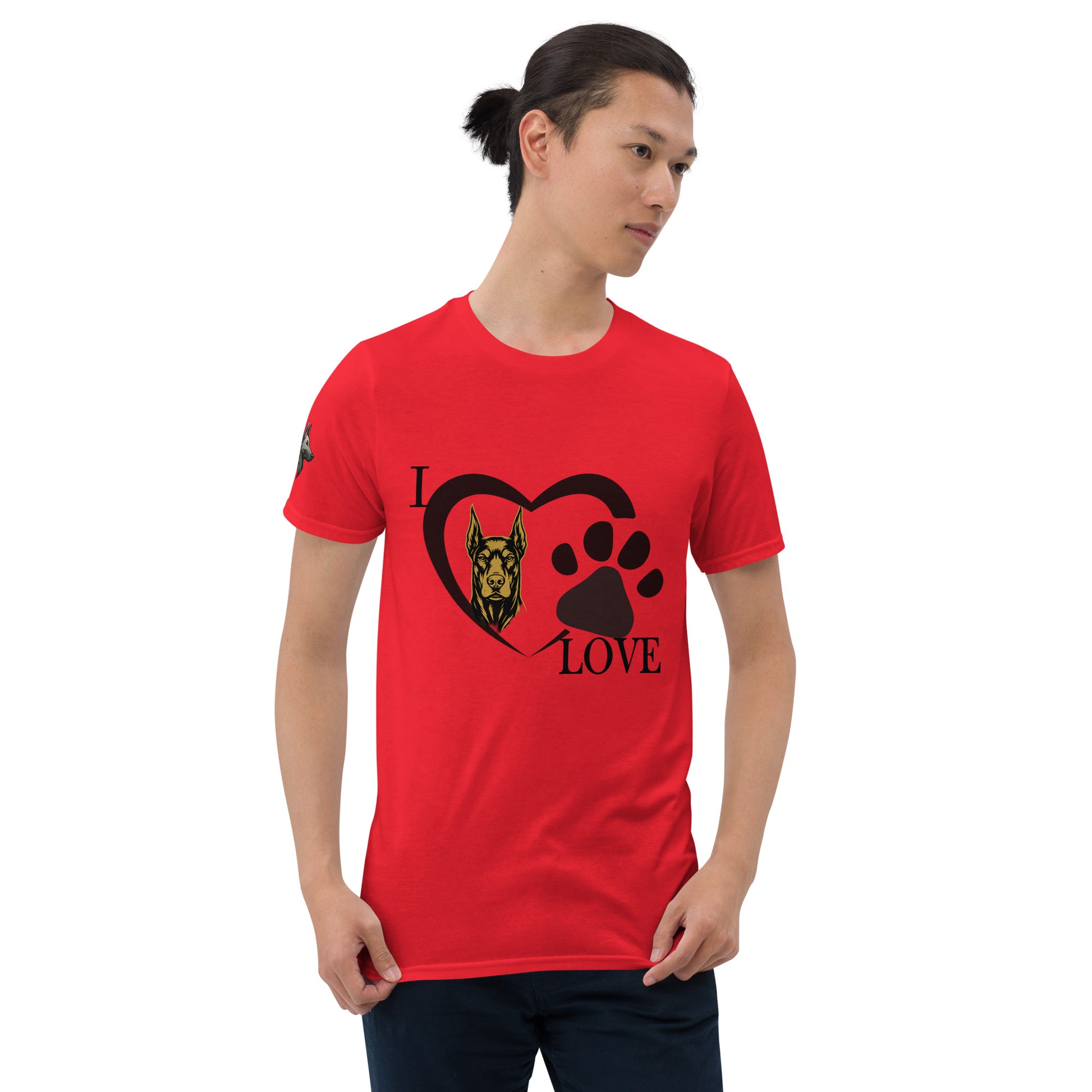 T-shirt adulte Unisexe à Manches Courtes rouge I love Dobermann