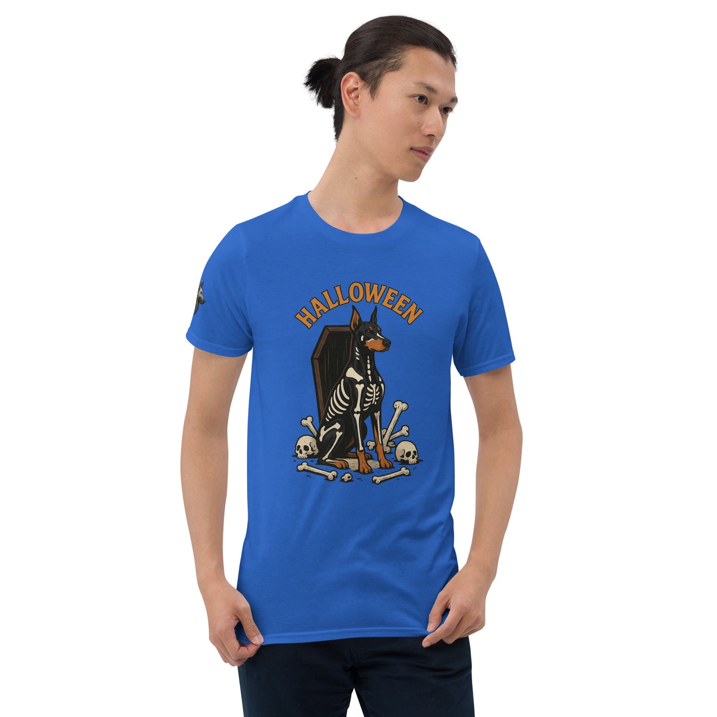 T-shirt Unisexe adulte bleu Dobermann Halloween