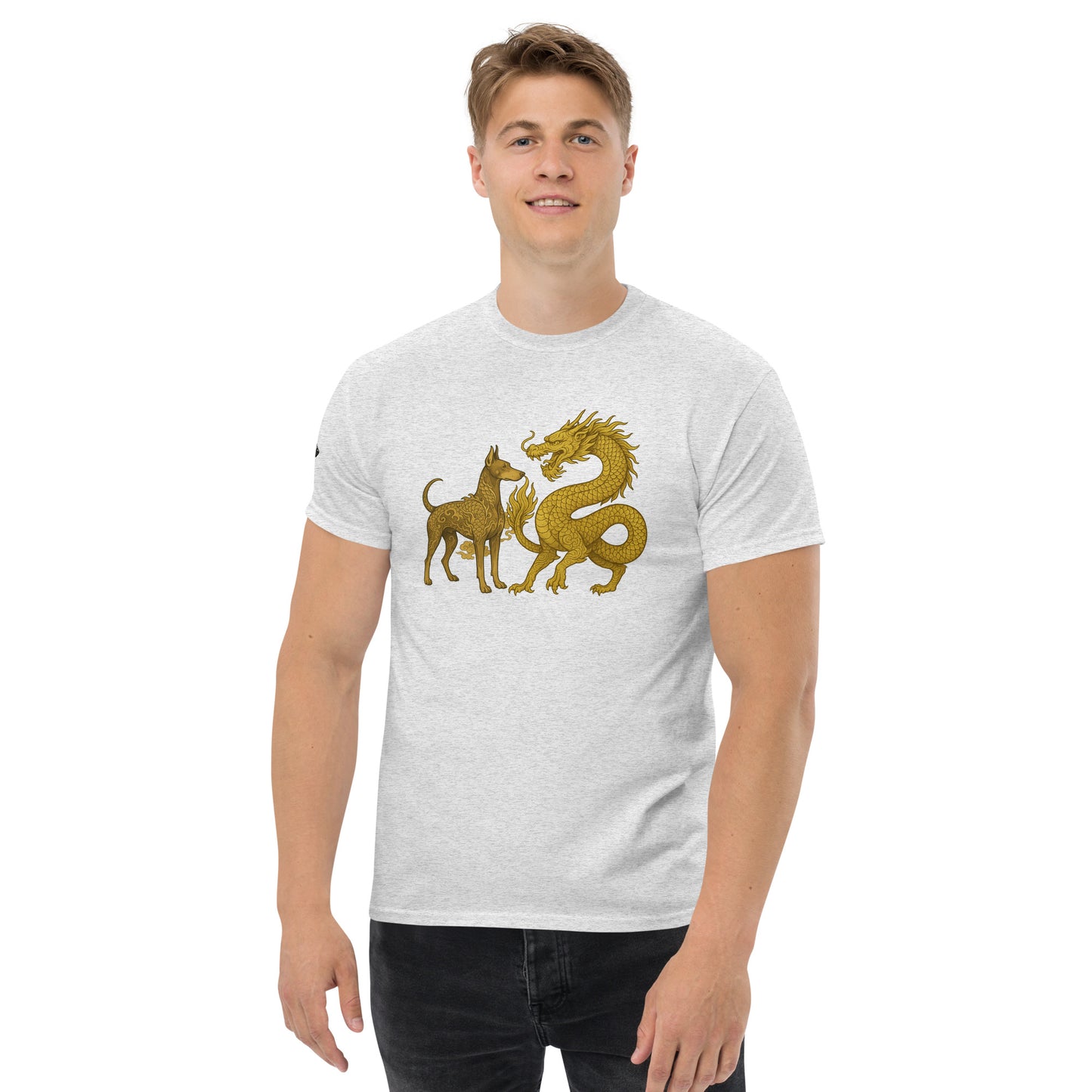 T-shirt classique adulte unisexe gris duo Dragon et Dobermann dorés
