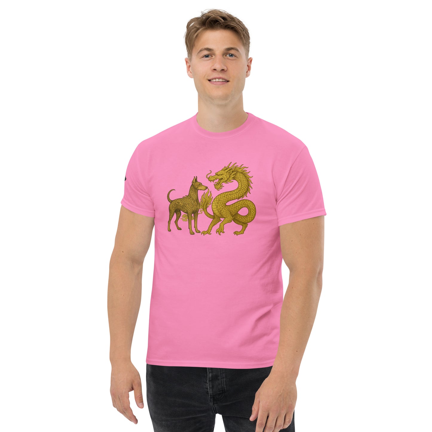 T-shirt classique adulte unisexe rose duo Dragon et Dobermann dorés
