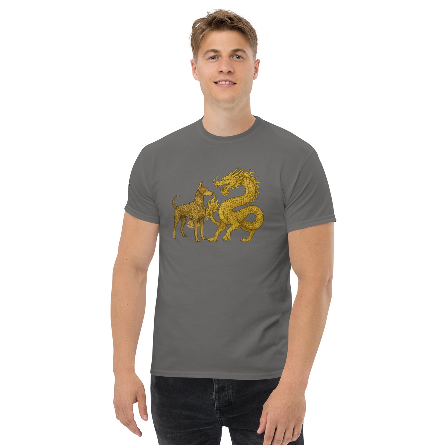 T-shirt classique adulte unisexe gris duo Dragon et Dobermann dorés