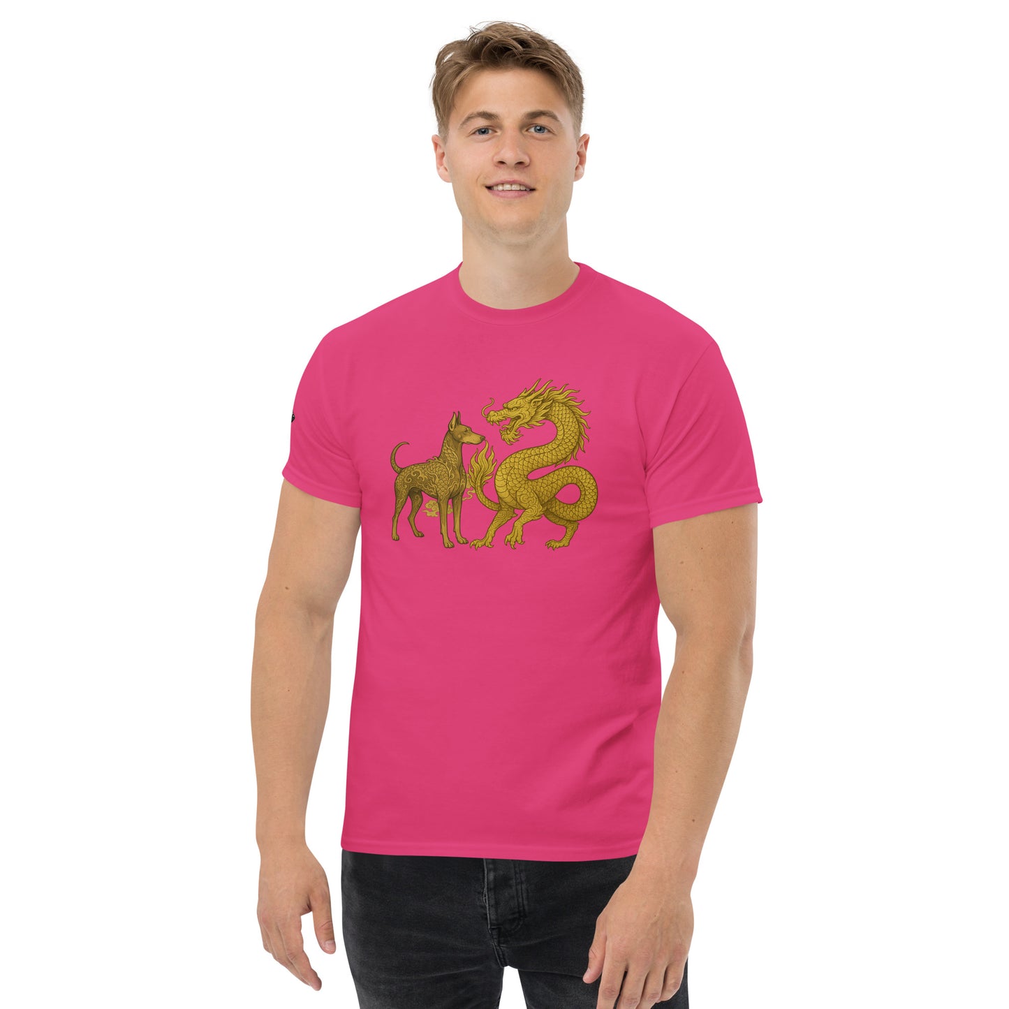T-shirt classique adulte unisexe rose duo Dragon et Dobermann dorés