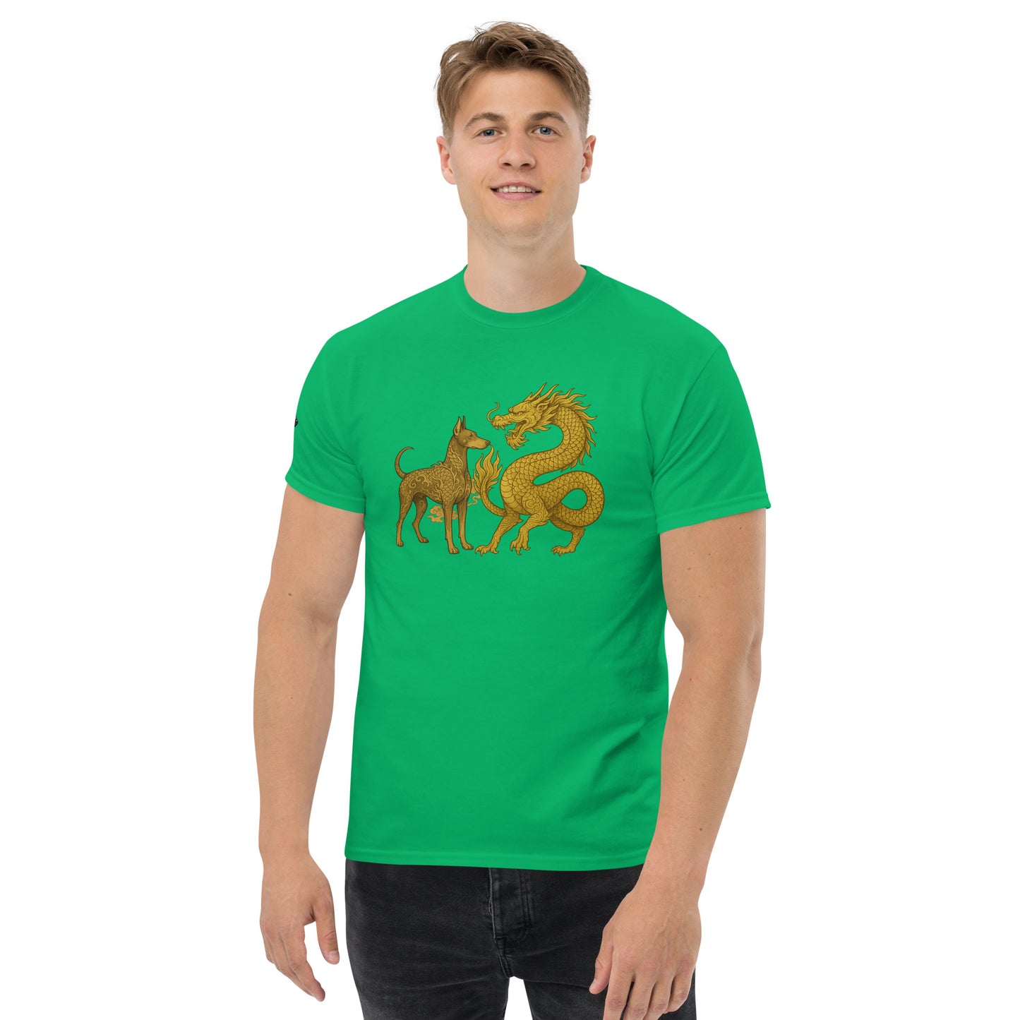 T-shirt classique adulte unisexe vert duo Dragon et Dobermann dorés