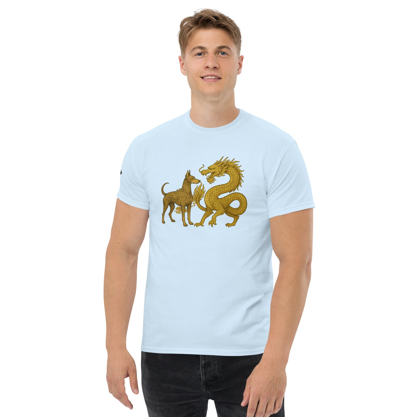 T-shirt classique adulte unisexe bleu duo Dragon et Dobermann dorés
