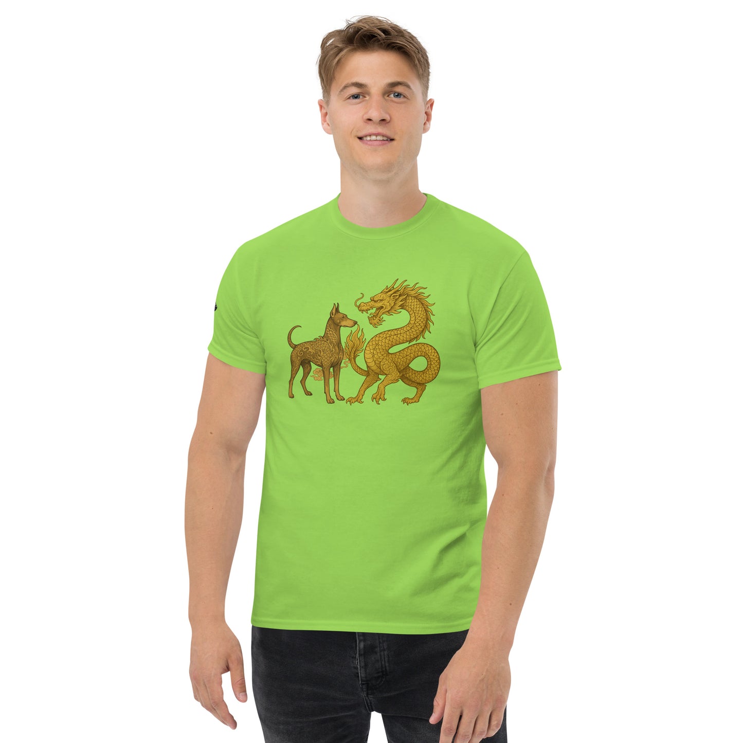 T-shirt classique adulte unisexe vert duo Dragon et Dobermann dorés