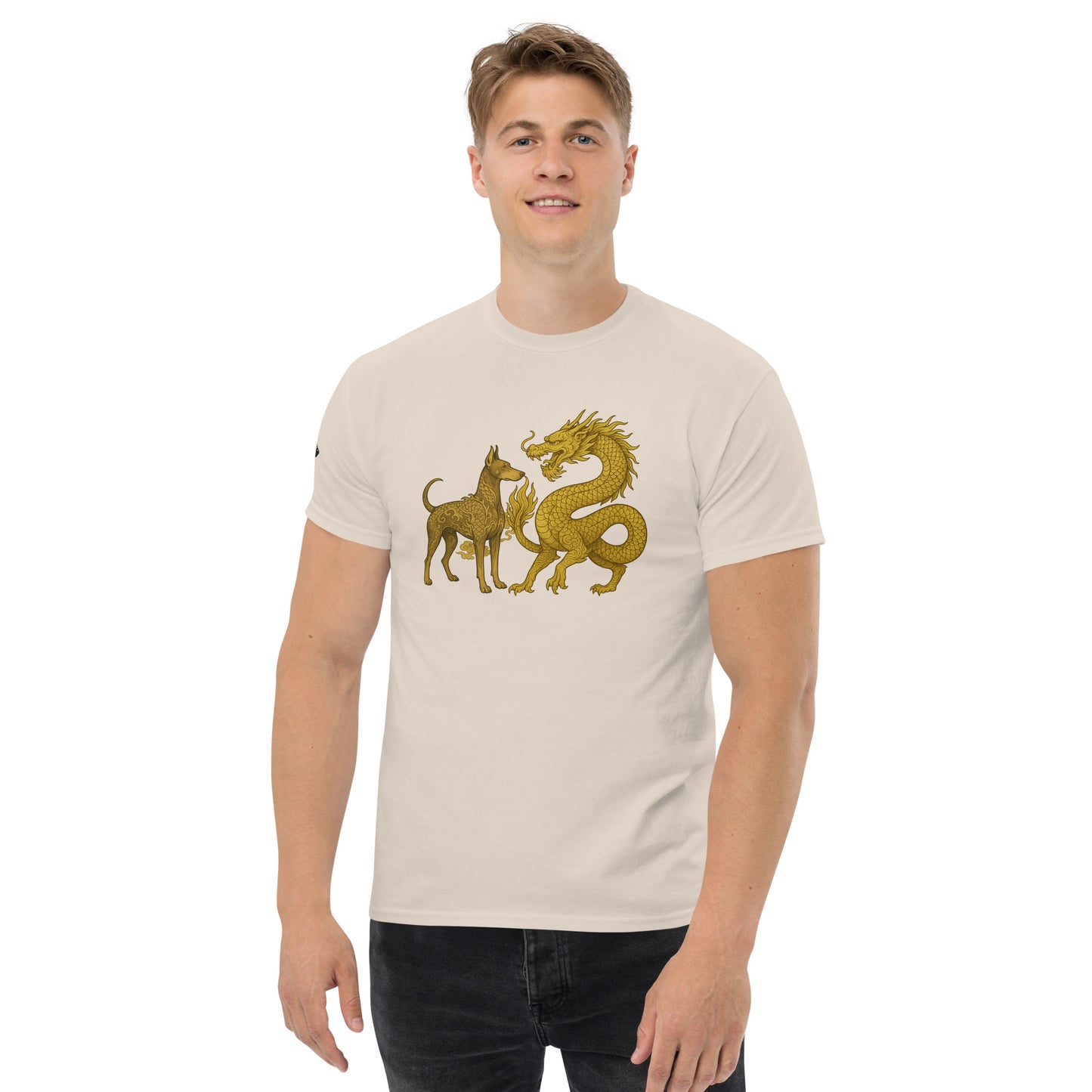 T-shirt classique adulte unisexe beige duo Dragon et Dobermann dorés