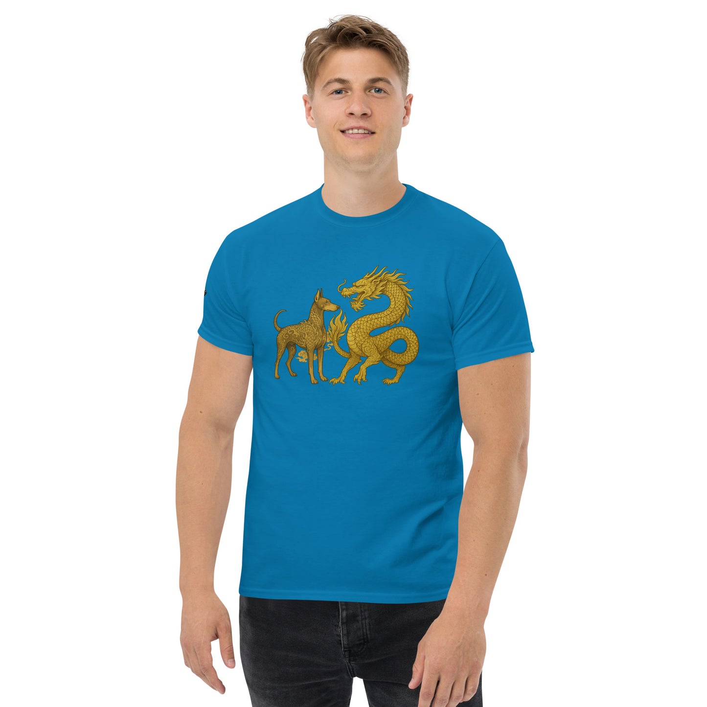 T-shirt classique adulte unisexe bleu duo Dragon et Dobermann dorés