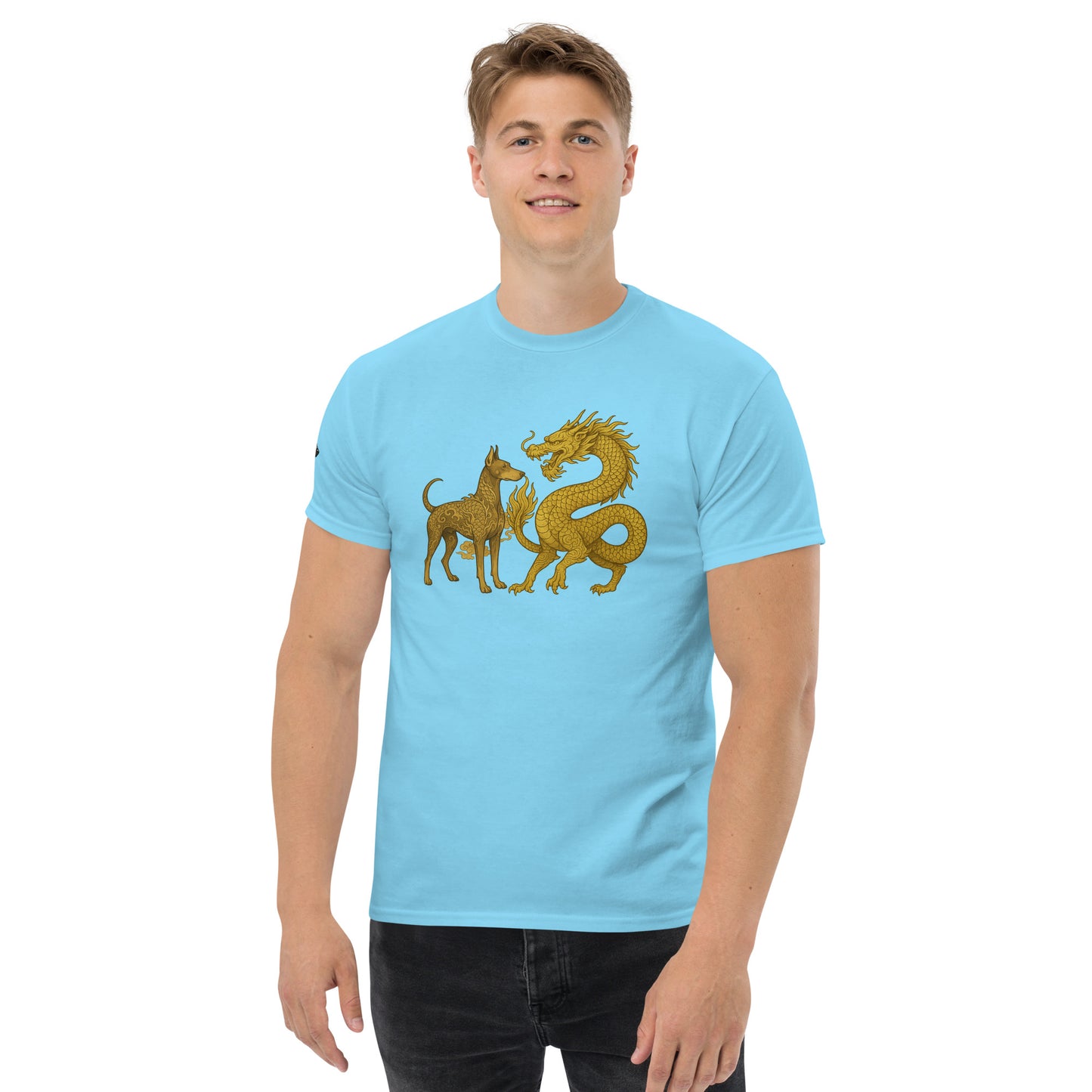 T-shirt classique adulte unisexe bleu duo Dragon et Dobermann dorés