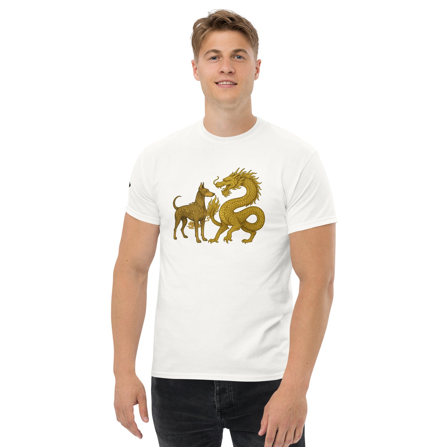 T-shirt classique adulte unisexe blanc duo Dragon et Dobermann dorés