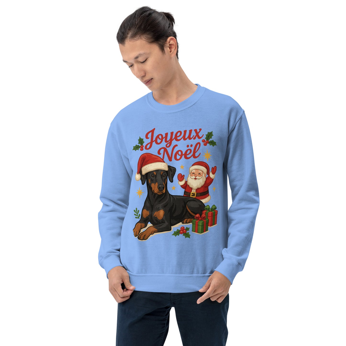 Sweat adulte Unisexe à Col Rond bleu Noel Dobermann