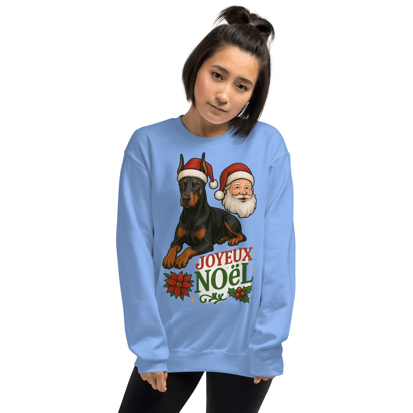 Sweat adulte Unisexe à Col Rond bleu Noel Dobermann