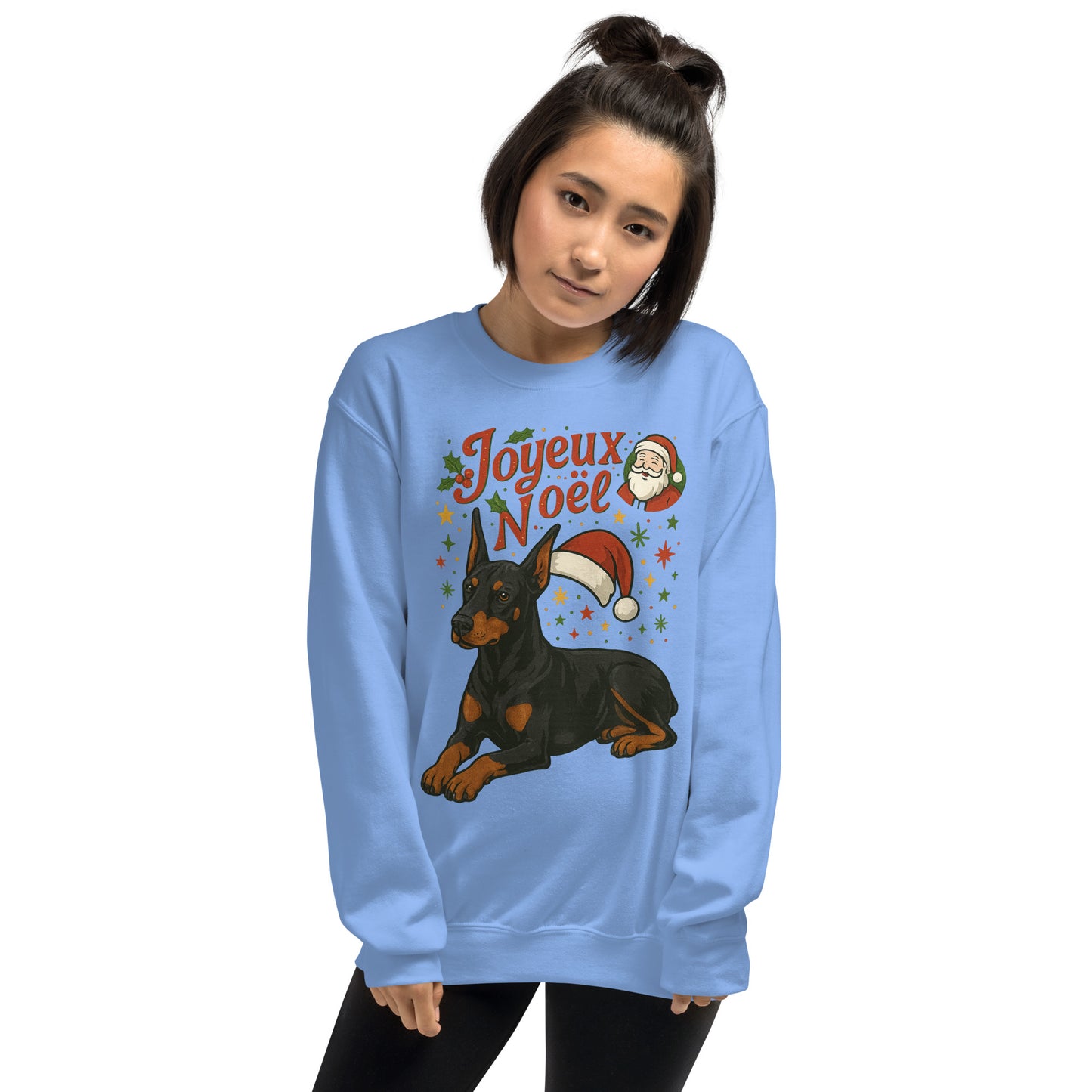 Sweat adulte Unisexe à Col Rond bleu Noel Dobermann