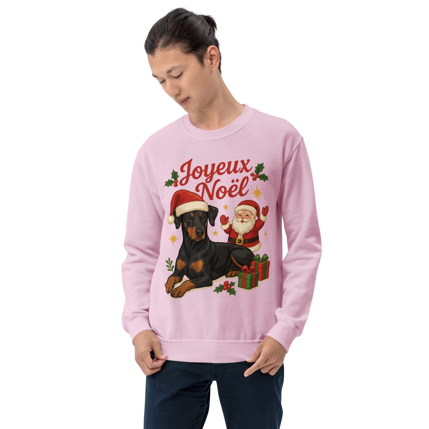 Sweat adulte Unisexe à Col Rond rose Noel Dobermann