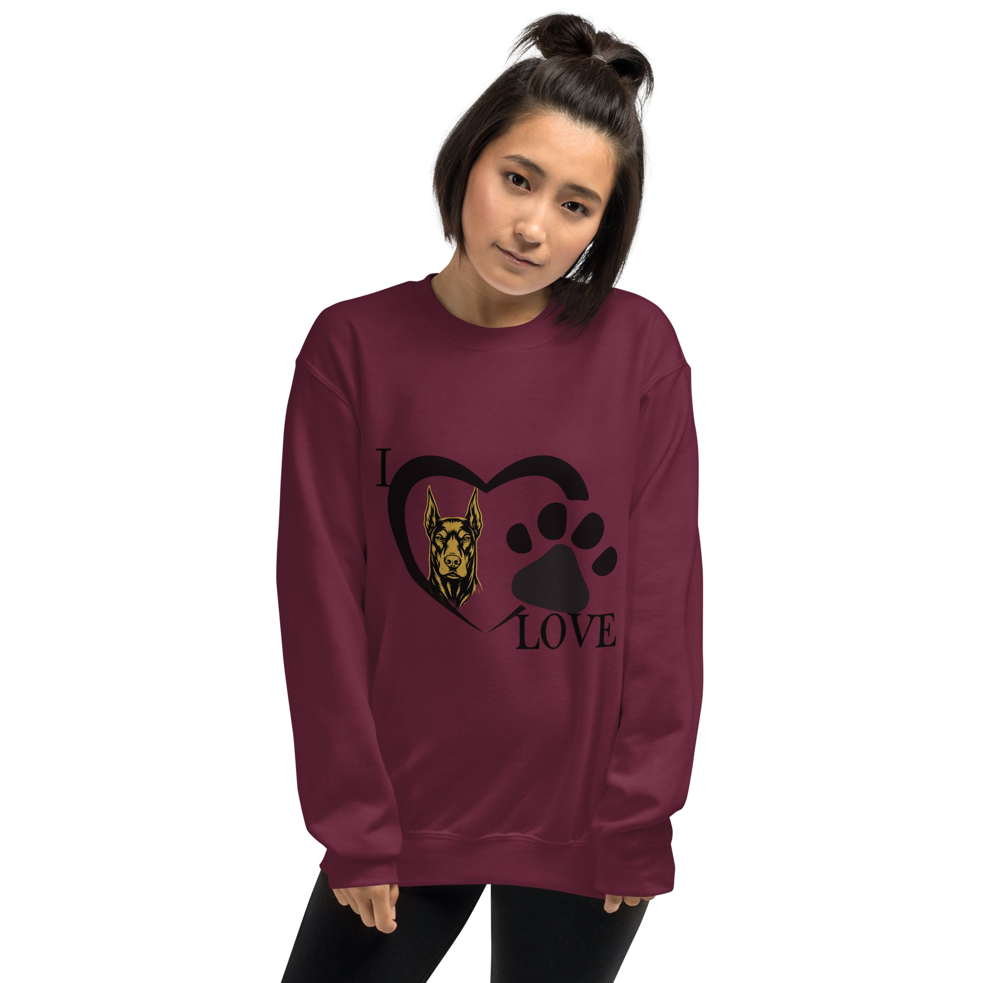 Sweat adulte Unisexe à Col Rond bordeaux I love Dobermann