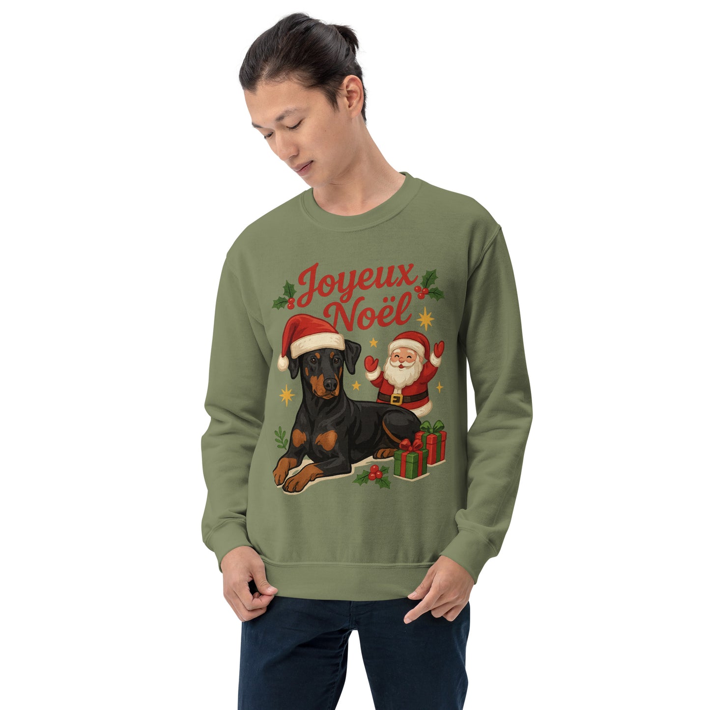 Sweat adulte Unisexe à Col Rond vert Noel Dobermann