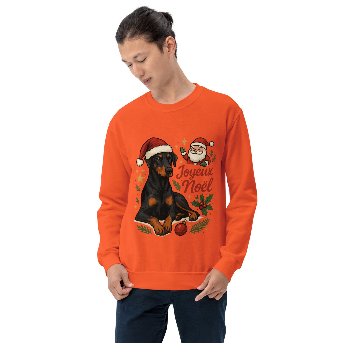 Sweat adulte Unisexe à Col Rond orange Noel Dobermann