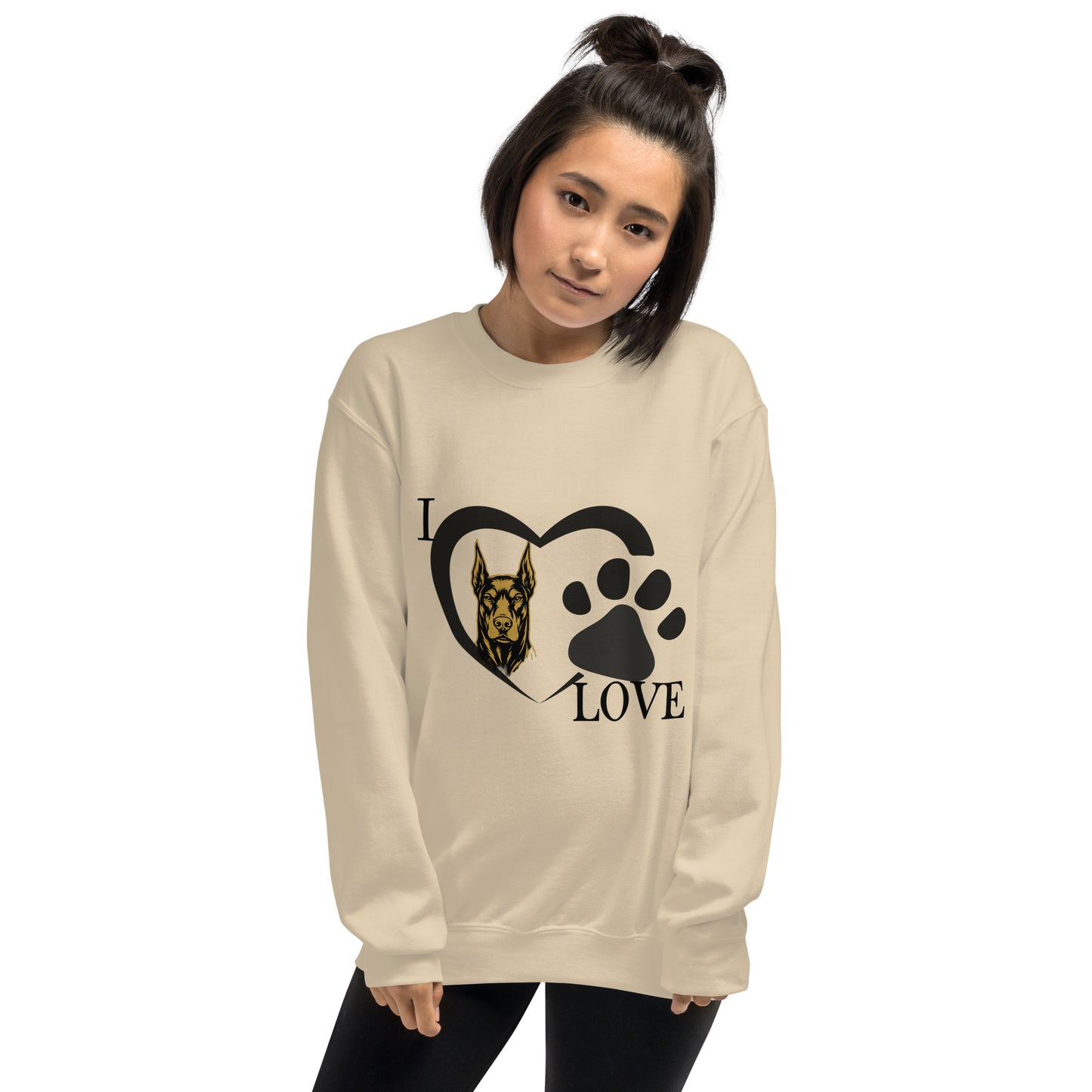 Sweat adulte Unisexe à Col Rond beige I love Dobermann