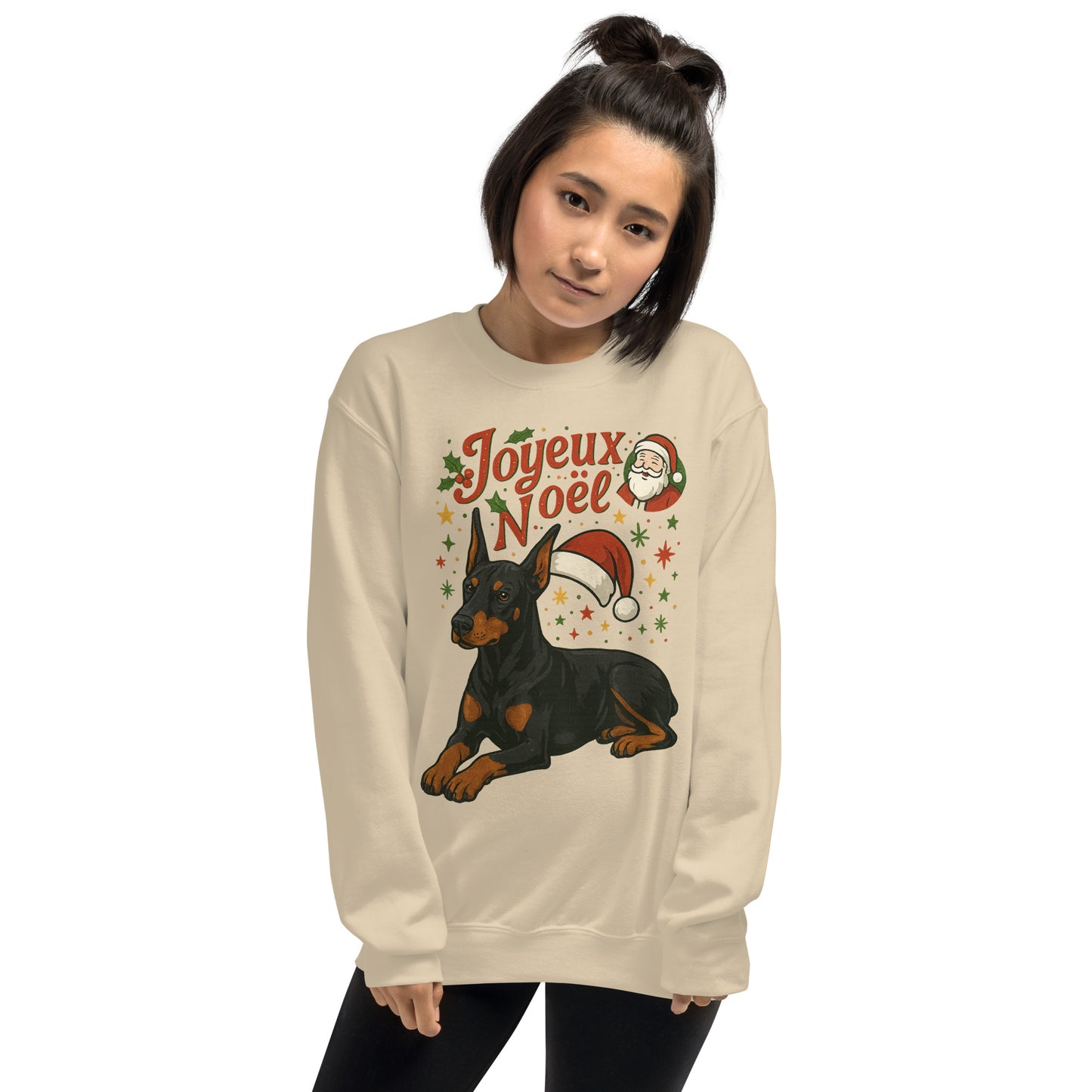 Sweat adulte Unisexe à Col Rond beige Noel Dobermann