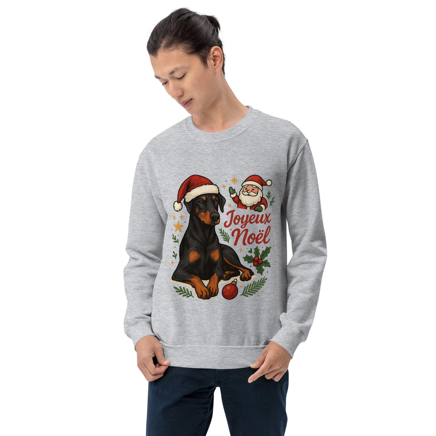 Sweat adulte Unisexe à Col Rond gris Noel Dobermann