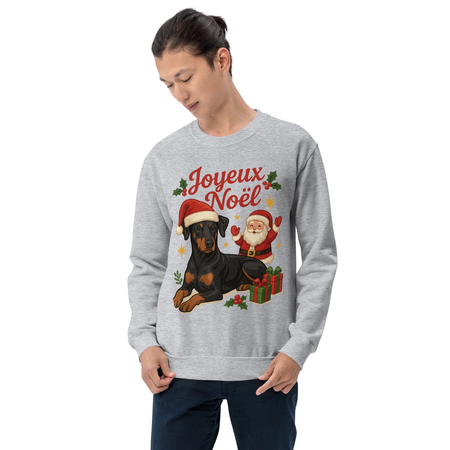 Sweat adulte Unisexe à Col Rond gris Noel Dobermann