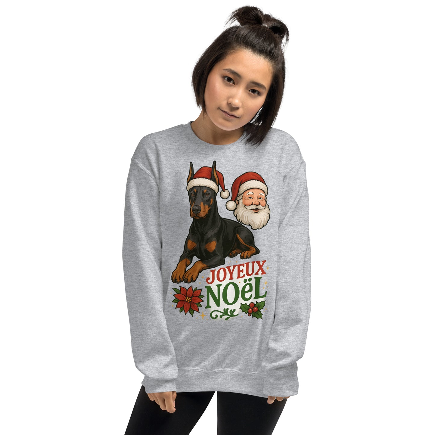 Sweat adulte Unisexe à Col Rond gris Noel Dobermann