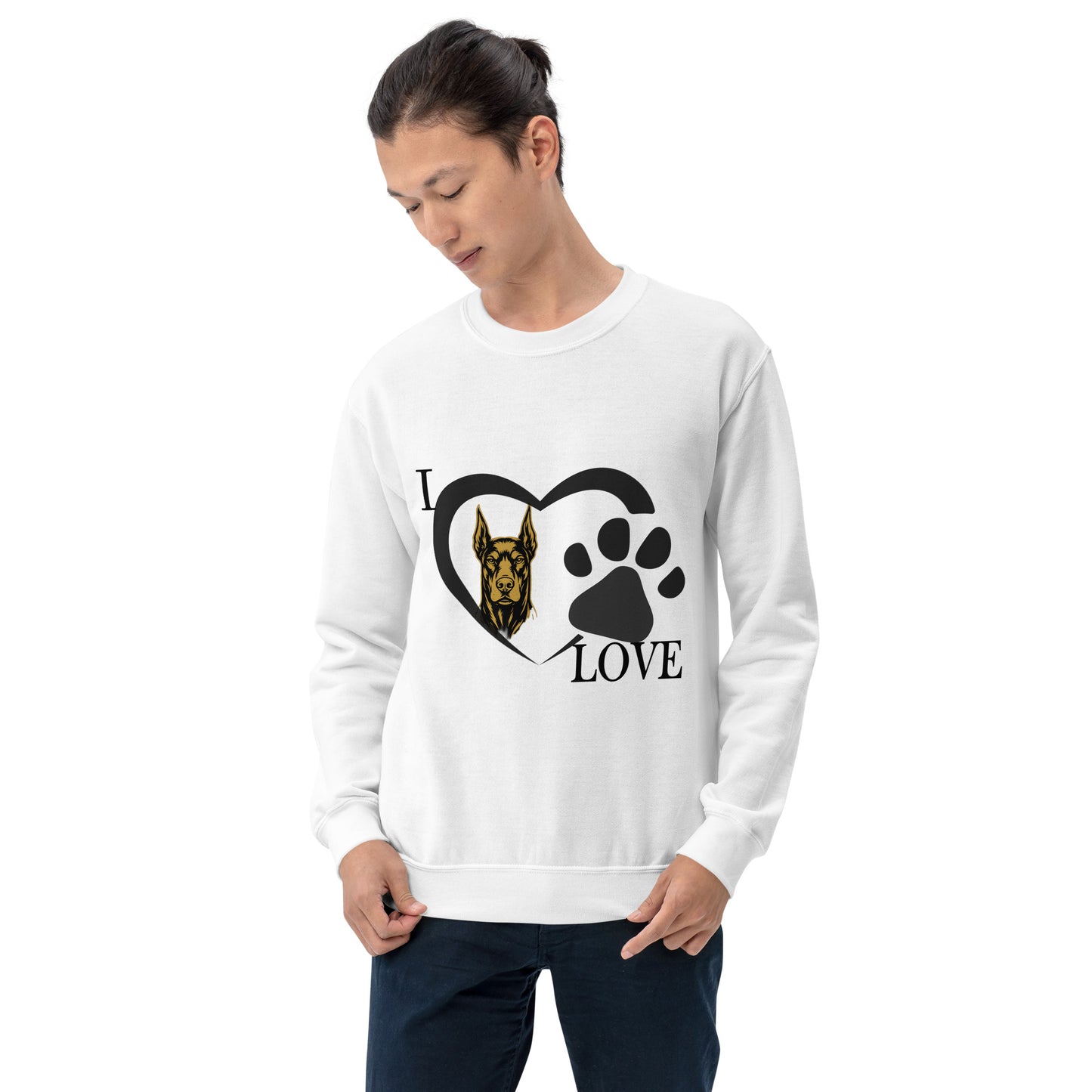 Sweat adulte Unisexe à Col Rond blanc I love Dobermann