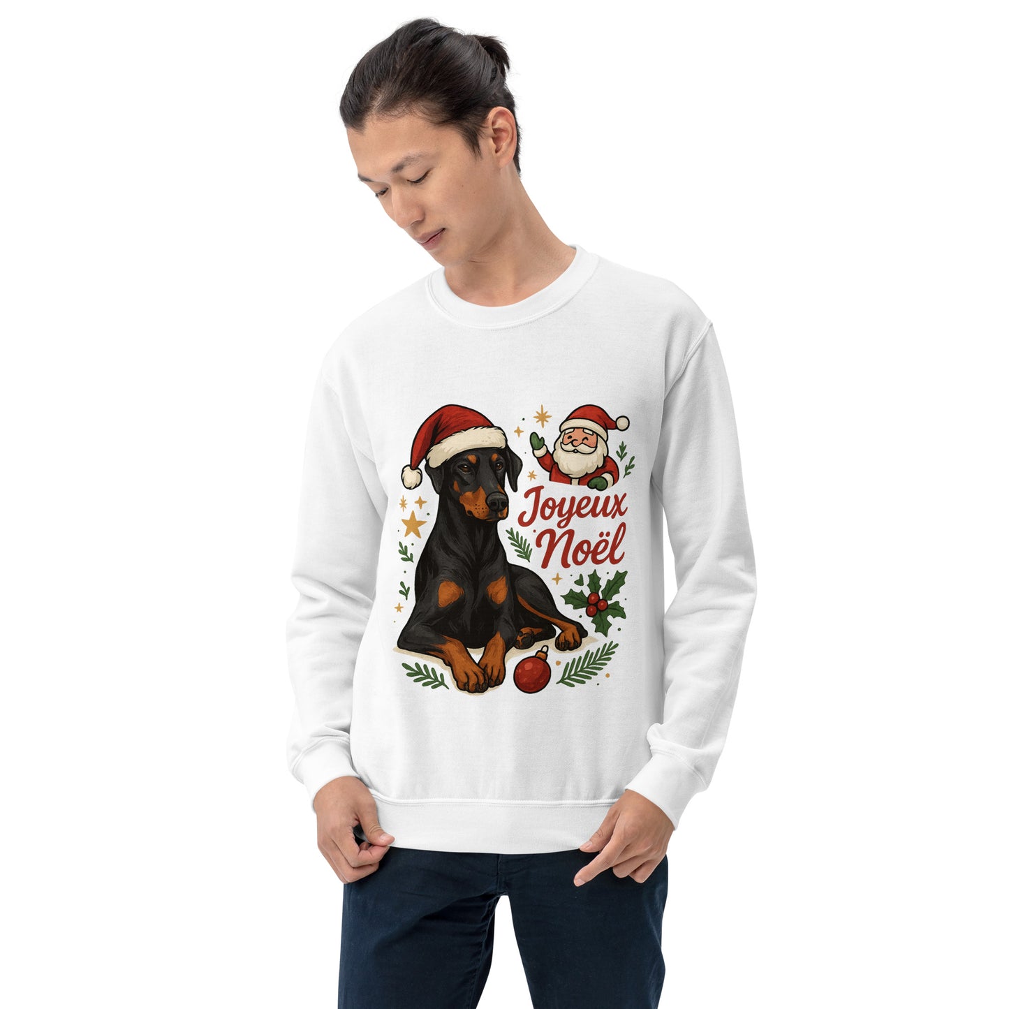 Sweat adulte Unisexe à Col Rond blanc Noel Dobermann