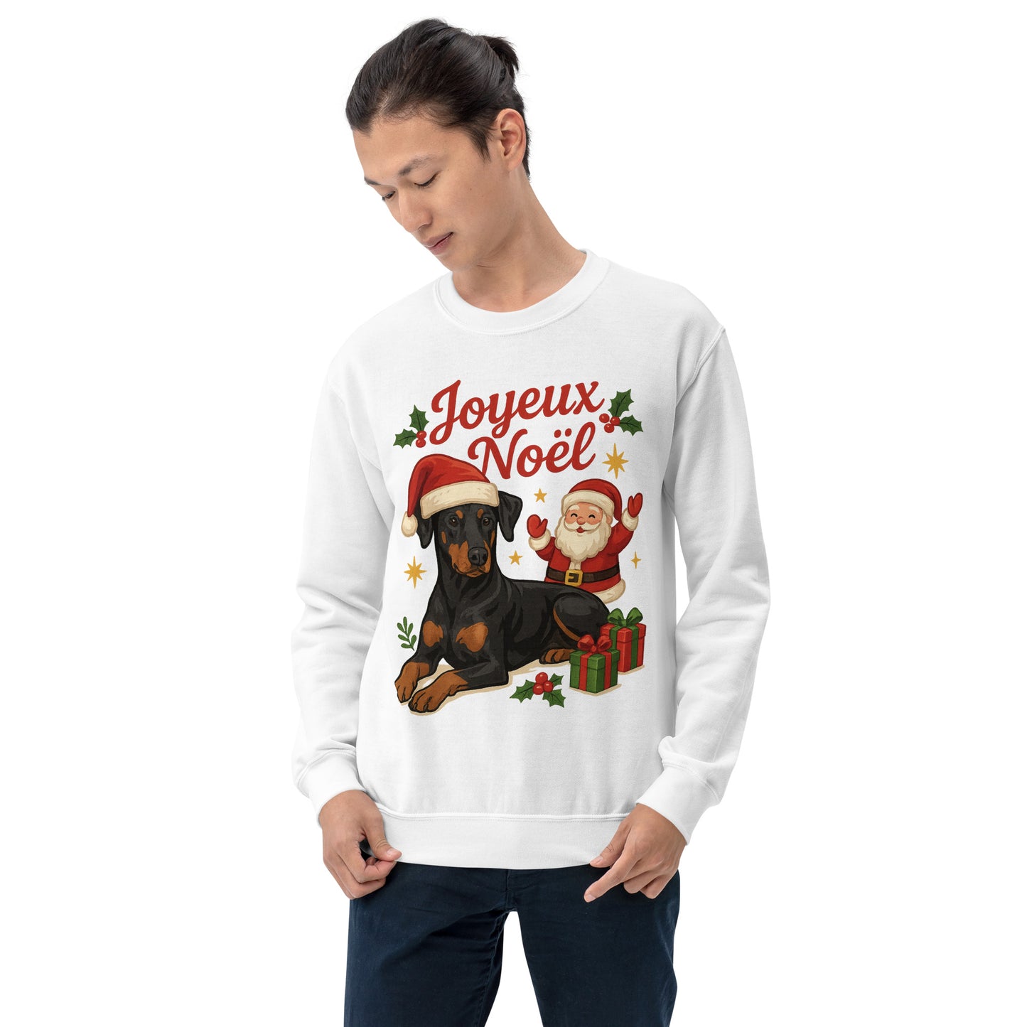 Sweat adulte Unisexe à Col Rond blanc Noel Dobermann