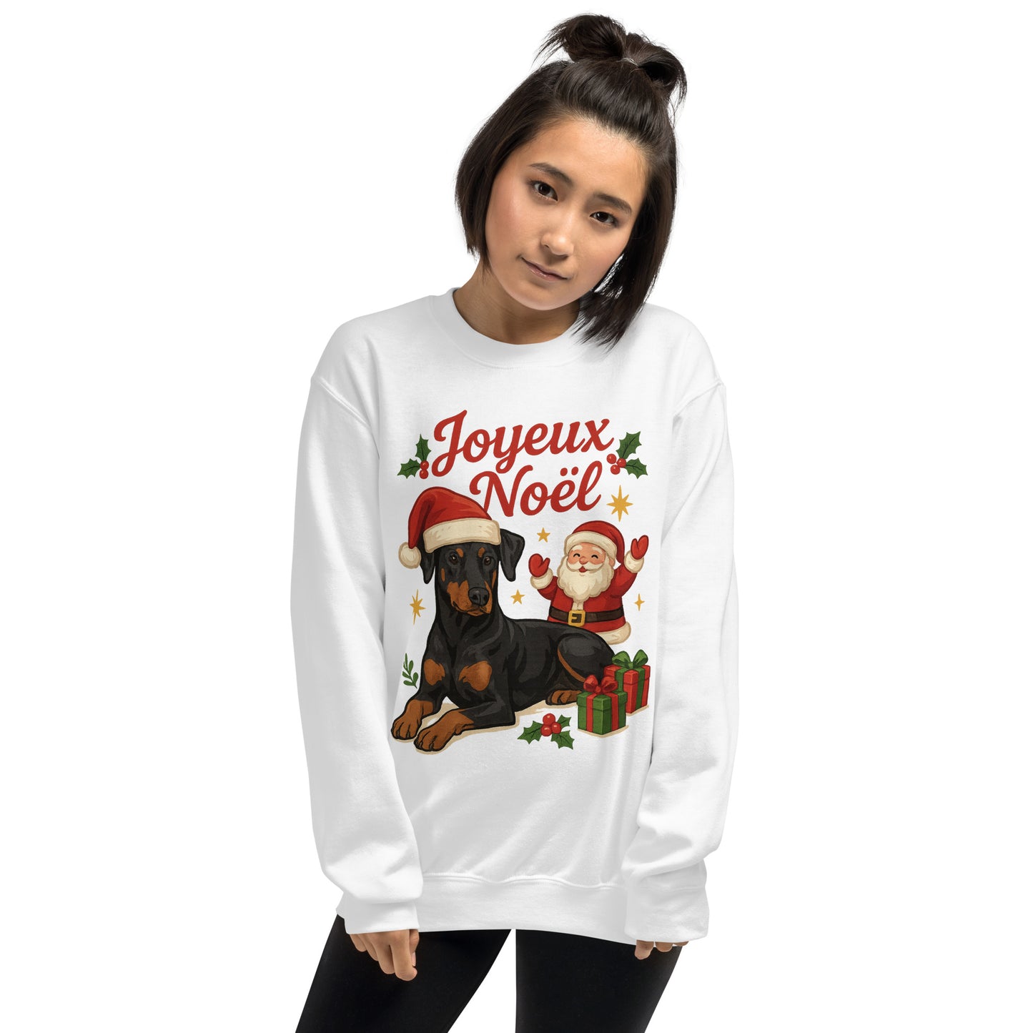 Sweat adulte Unisexe à Col Rond blanc Noel Dobermann