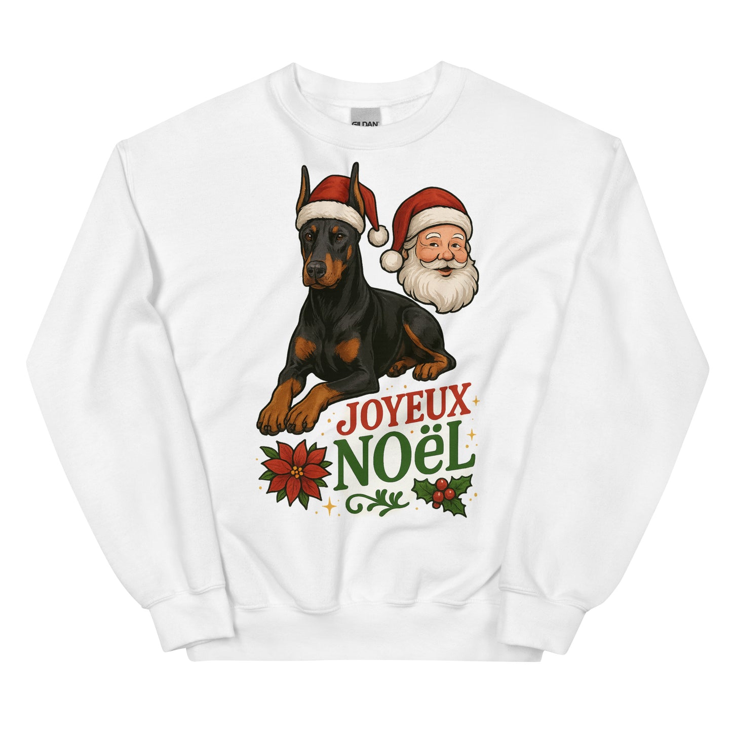 Sweat adulte Unisexe à Col Rond blanc Noel Dobermann