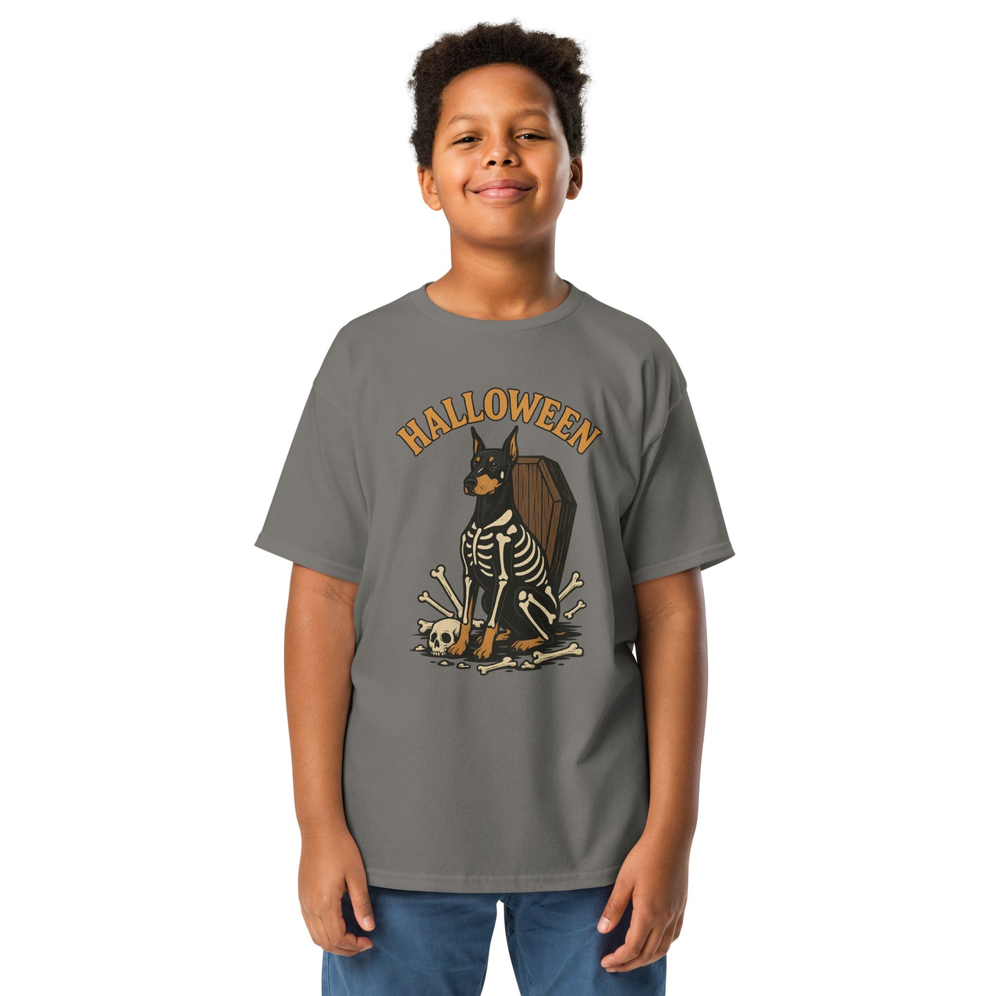 T-shirt classique enfant gris Dobermann Halloween 