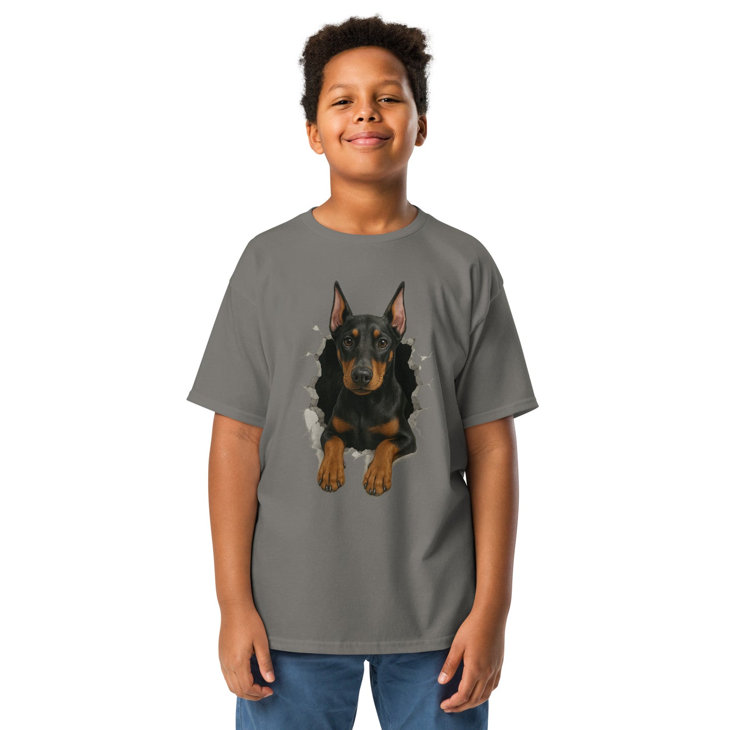 T-shirt classique enfant gris Dobermann trou mur2