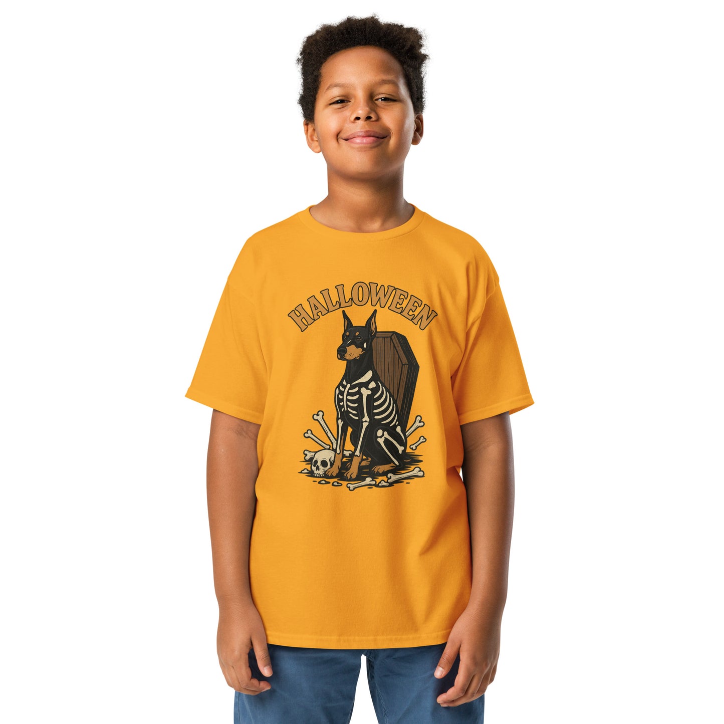 T-shirt classique enfant jaune Dobermann Halloween 