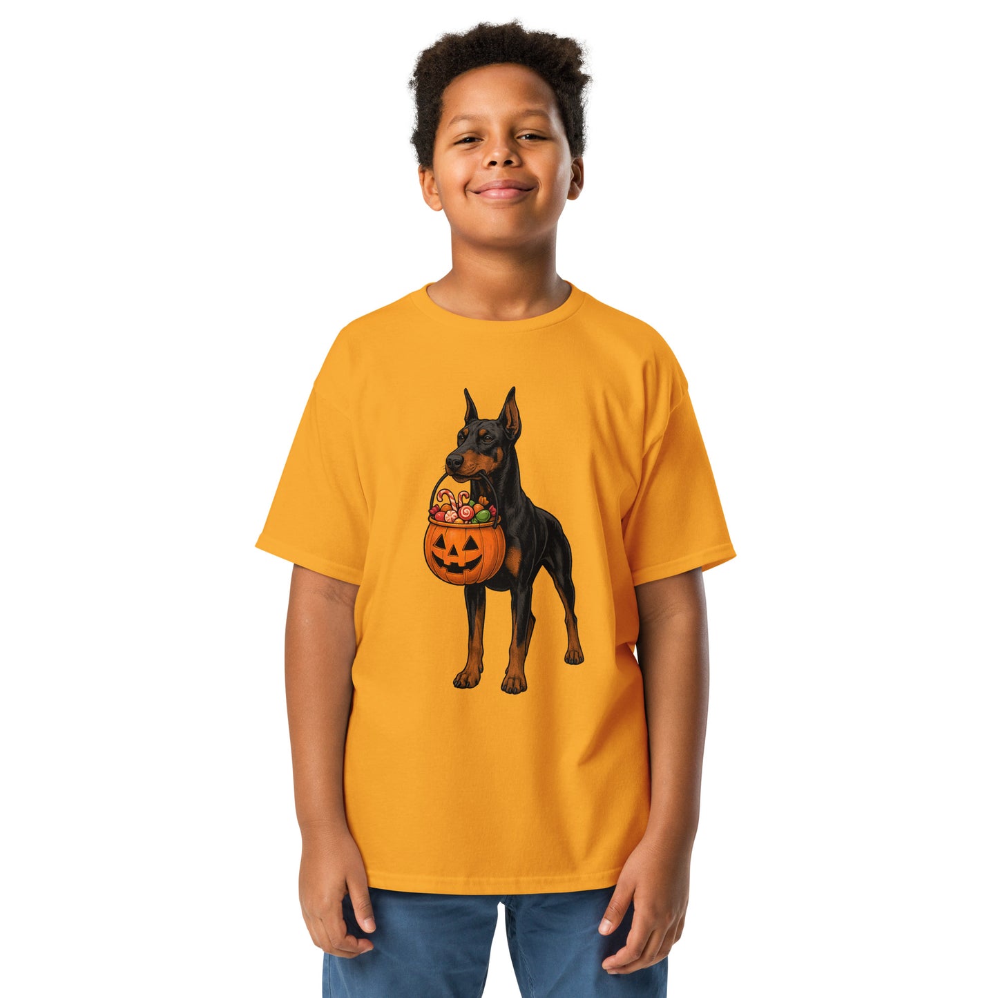 T-shirt classique enfant jaune Dobermann Halloween
