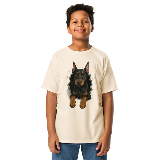 T-shirt classique enfant beige Dobermann trou mur2