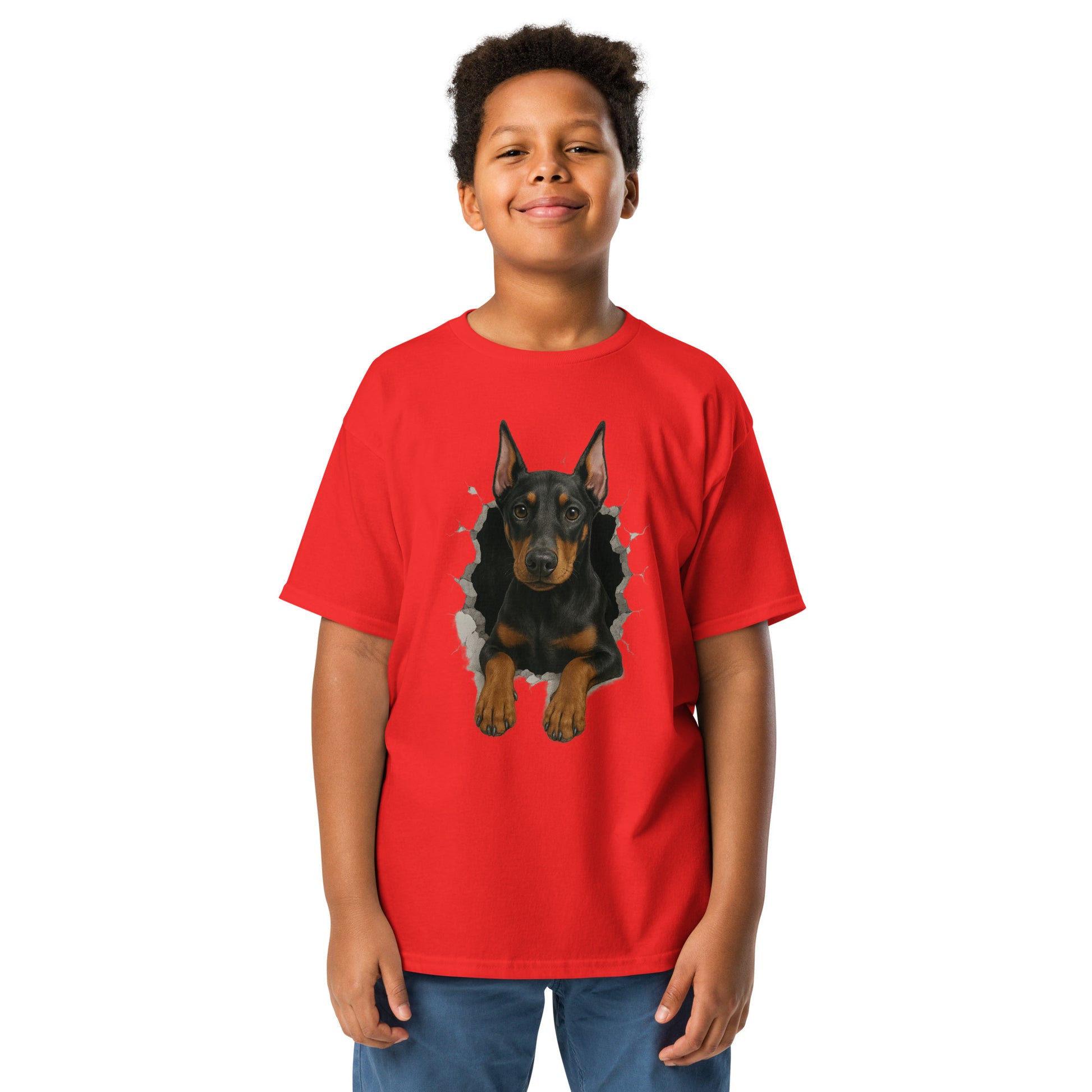 T-shirt classique enfant rouge Dobermann trou mur2